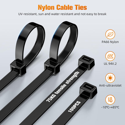 NORSHY Cable Ties Black Resealable 500 mm x 7.6 mm, Cable Ties UV-Resistant 75KG Ultra Strong, Heat-Resistant Zip Ties 100 Pieces for Cable Management, Gardening, Workshops