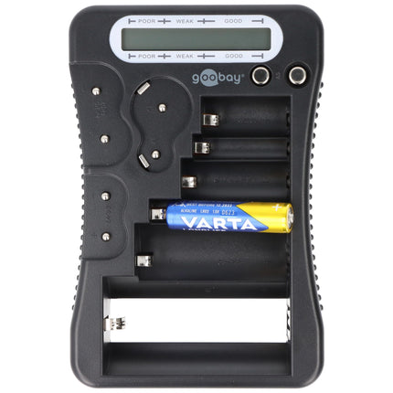 Goobay 64889 Battery Tester for all Batteries &amp; Rechargeable Batteries Battery Tester for AAA/AA/C / 9V / D/N &amp; 1.5V Button Cell Battery Tester LCD Display Black