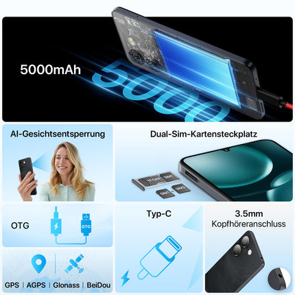 UMIDIGI G9A mobiiltelefon, Android 14 Go nutitelefon ilma lepinguta, 6,75" HD+ kaheksatuumaline Android mobiiltelefon, 8 GB + 64 GB / 1 TB TF, kahe SIM-kaardiga 4G SIM-kaardi lukustamata mobiiltelefonid, 13 MP + 8 MP / 5000 mAh / Face ID / GPS