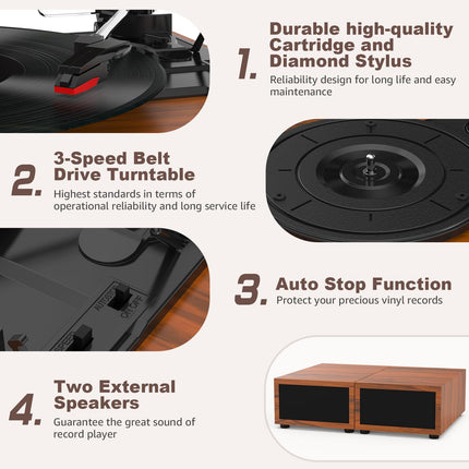 Udreamer Record Player with 2 Dual Stereo Speakers, Vintage Record Player Bluetooth 5.3 Supports 3 Speeds, AUX-In, RCA Line, USB, Wireless Playback, Brown