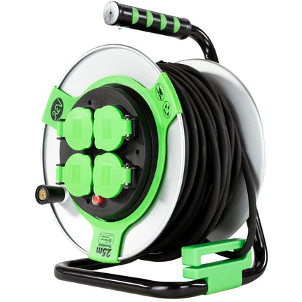REV EX cable reel, 25m, H05RR, IP44, 3000W, with sliding contact, outdoor cable reel, 4 sockets, green