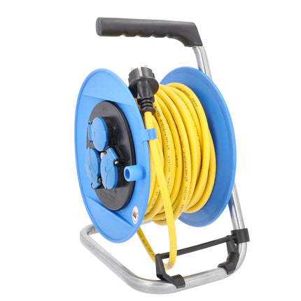 as - Schwabe cable drum 25 m armored cable K35 AT-N07V3V3-F 3G1.5 yellow, 3 earthing contact sockets with hinged lid, earthing contact plug, outdoor, IP44, blue, Made in Germany, 11004