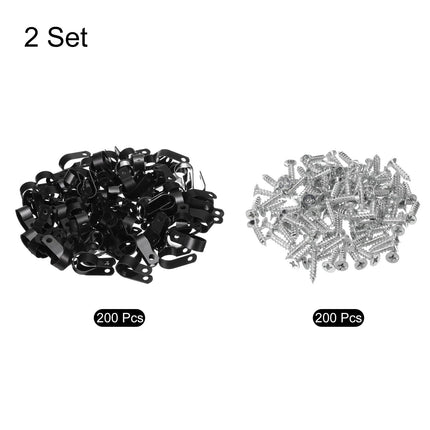 QUARKZMAN R-Type Cable Clip Wire Clamp, 16mm 0.63 inch Nylon Screw Fastening Cable Tie Clips with Screws Black for Cable Management Pack of 200