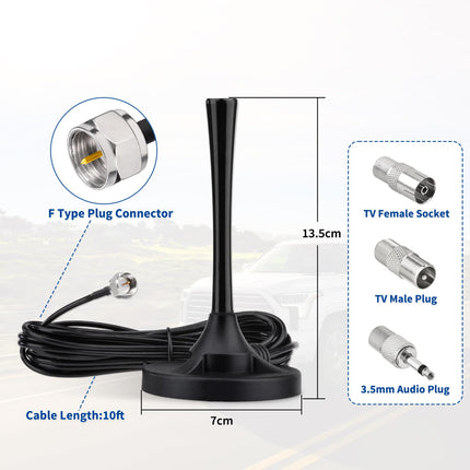 Superbat FM VHF raadioantenn DAB antenn magnetilise alusega + 3m pikenduskaabel + 3 pistikut siseraadio tuuneri, AV-audio-video kodukino vastuvõtja, Bluetooth-toitesüsteemiga stereovastuvõtja jne jaoks.