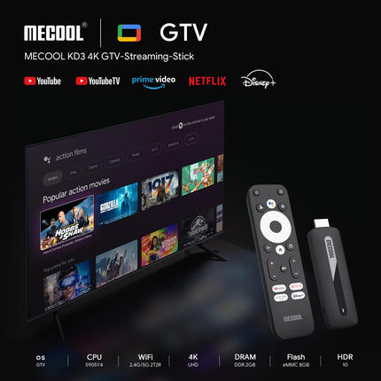 TV Stick Android 11 Stick TV MECOOL GTV OS koos Netflixi sertifikaadiga 2 GB RAM 8 GB ROM BT 5.0 Dual WiFi 2.4G/5G 4K HDR AV1 4K sertifitseeritud Google//Prime Video/YouTube