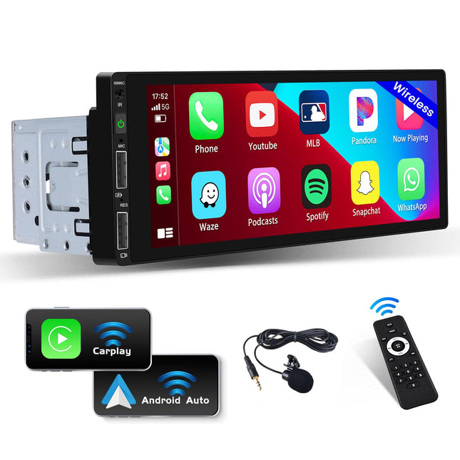 Hikity 1 DIN raadio 6,9-tolline juhtmevaba Carplay IPS puutetundlik ekraan Bluetooth 5.0 autoraadio Android Auto FM Mirror Link EQ heli Rooliratta juhtimine Tagurduskaamera, USB-port