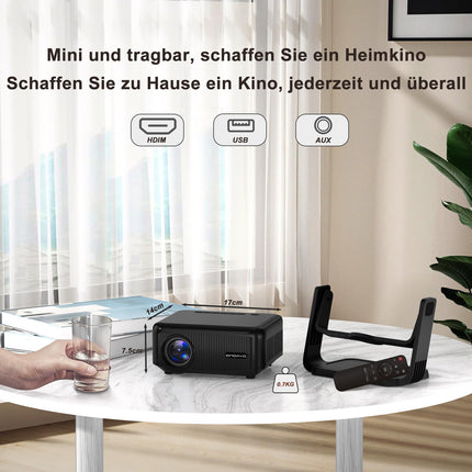 Beamer 【360° Drehbarem Ständer & Auto Keystone & E-Fokus】 FHD 1080P 23000LM mini Beamer mit WiFi6 und Bluetooth 5.2,70% Zoom ONOAYO abnehmbar Outdoor Heimkino Beamer Kompatibel mit Handy,PC,TV-Sticks