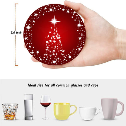 Silver Star Christmas Tree with Red Background Christmas Coasters Absorbent Ceramic Drink Coasters for Christmas Decoration Soft Coasters, 4 Pack
