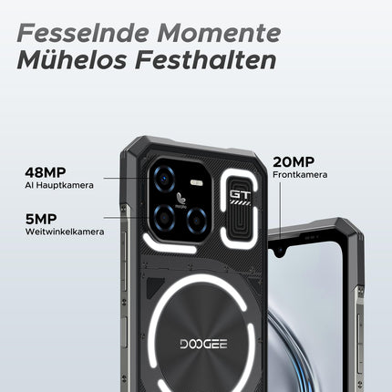 DOOGEE Blade GT 5G õuenutitelefon, lukustamata Android 14 ja LED-valgusefektidega, Dimensity 7050, 32 GB + 256 GB / 2 TB TF, tehisintellektiga õuenutitelefon, 6,72" FHD + 120 Hz, 48 MP / 5500 mAh / WiFi 6 / sõrmejäljelugeja / näotuvastusega / NFC