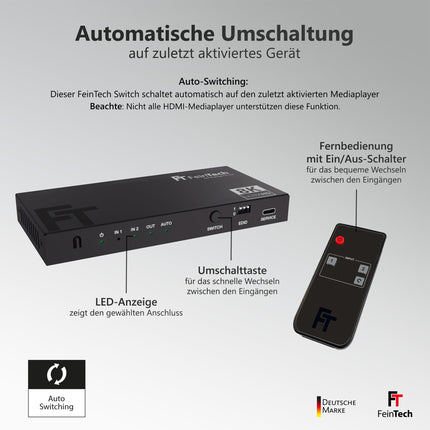 FeinTech SW212 HDMI 2.1 lüliti 2 sisendit 1 väljundit koos HDMI heli ekstraktoriga 4K 120Hz ja automaatse lülitusega, 8K 60Hz, VRR, ALLM, heli jagaja optiliseks SPDIF Toslinkiks ja 3,5 mm pesaks