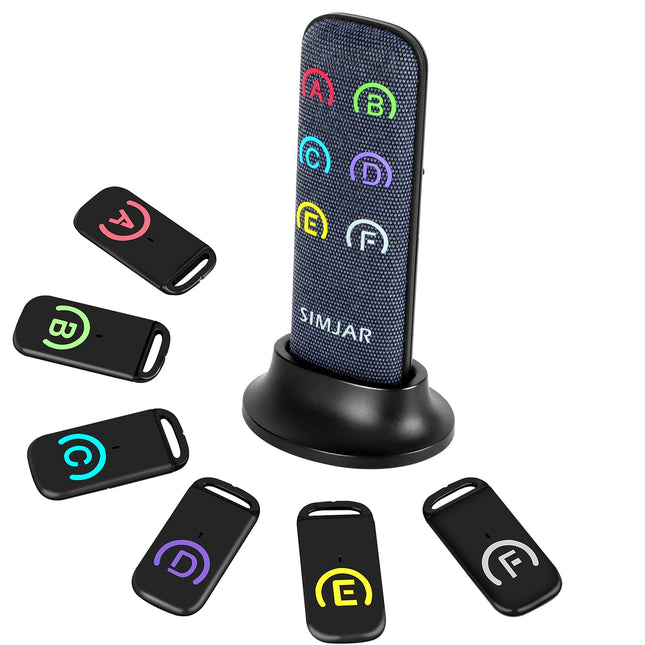 Key finder with thinner receivers and advanced fabric remote control, Simjar 80 dB+ RF Item Locator with 131 feet range, 1 RF transmitter and 6 receivers