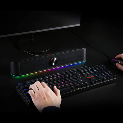 Redragon GS560 Adiemus RGB lauaarvuti heliriba, 2.0-kanaliga arvutikõlar dünaamilise valgusribaga, heli ja valguse sünkroonimine/ekraan, puutetundlik taustvalgus helitugevuse reguleerimisega, USB-kaabel