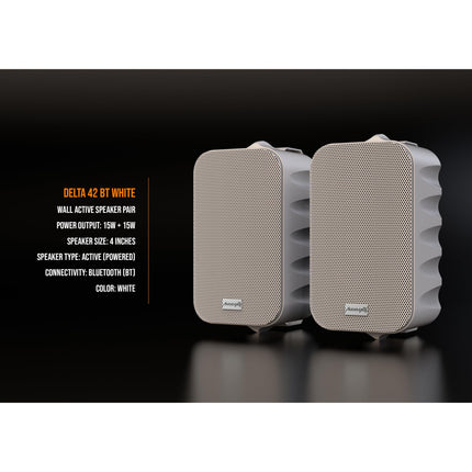 Audibax Delta 52 BT valge Bluetooth-kõlar, suure jõudlusega aktiivne seinakõlar, Bluetooth-ühilduv, kõrgsagedusvahemik (80 Hz–20 kHz), ruumiline heli