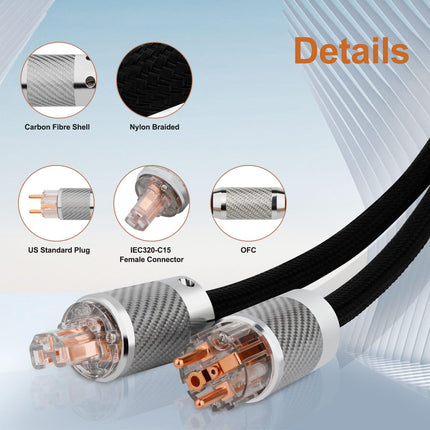 Audiophile HiFi toitekaabel, HiFi toitekaabel 10AWG EU toitejuhe, NEMA 5-15P IEC320-C15 emane pistik, 125V/15A kõlarite, subwooferite, plaadimängijate, võimendite, DAC-ide jaoks (süsinikkiust, 1,0 m/3,3 jalga)