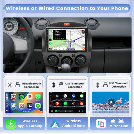 8-tuumaline 4GB + 64GB Android 13 autoraadio Mazda 2 2007-2014 raadio, juhtmevaba CarPlay, Android Auto, Bluetooth 9-tollise ekraaniga autoraadio navigatsiooniga, tahavaatekaameraga