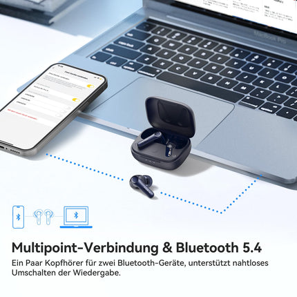 EarFun Air Pro 4 Bluetooth-kõrvaklapid adaptiivse hübriidmüra summutusega, aptX Lossless tehnoloogia, kõrglahutusega heli, LDAC, 6 mikrofoni, cVc 8.0 tehisintellektiga kõned, 52-tunnine aku tööiga, Multipoint, Bluetooth 5.4 ja kõrvasisese tuvastus.