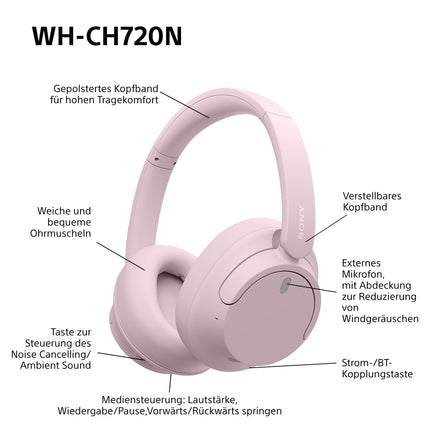 Sony WH-CH720N juhtmevabad Bluetooth-mürasummutavad kõrvaklapid kõrge helikvaliteediga, ümbritseva heli režiimiga, kerge disainiga, kuni 50-tunnise akueaga, iOS ja Android - roosa