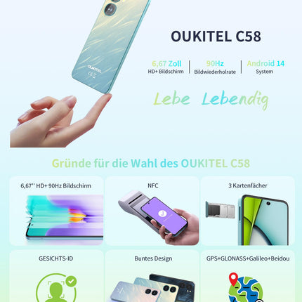 OUKITEL C58 (16GB+128GB) nutitelefon ilma lepinguta - 6,67-tolline 90Hz Android 14 mobiiltelefon soodne, 5150mAh aku, 13MP+5MP kaamera, näotuvastus ja sõrmejäljelugeja, NFC, GPS, kahe SIM-kaardi pesa 4G soodne nutitelefon, roheline