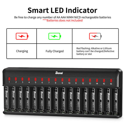 BONAI AA AAA akulaadija 16 pesaga universaalne LED-akulaadija nutikas akulaadija AA/AAA NI-MH NI-CD laetavatele akudele, must