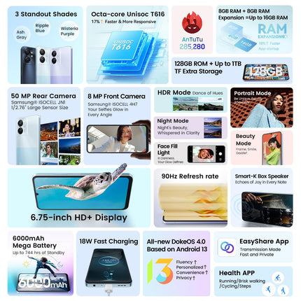 Blackview Color 8 nutitelefon lukustamata, 16 GB + 128 GB, 6,75" FHD+ 90Hz, 50 MP + 8 MP kaamera, 6000 mAh aku, kolm kaardipesa, Android 13 mobiiltelefon, Smart-K Box kõlar, GPS must
