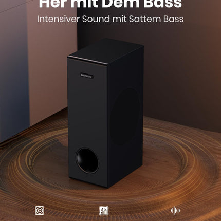 Teleri heliriba subwooferiga, arvutile, mängudele, 2.1 kanalit MEVOSTO 2025, täiustatud teleri heliriba, sügav bass, arvuti helisüsteem, BT 5.3/USB/HD-ARC/optiline/AUX bass ja kõrged toonid, reguleeritav, kodukino