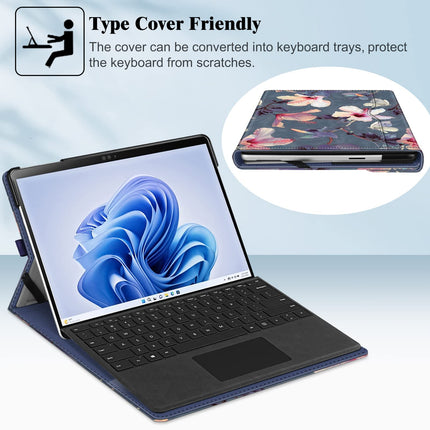 Fintie ümbris Microsoft Surface Pro 11/10 / 9 (2024-2022) 13-tollisele tahvelarvutile - mitme vaatenurgaga kunstnahast ümbris, kaitseümbris dokumendipesadega, pliiatsihoidja, ühildub tüübikaanega, õitsev hibisk