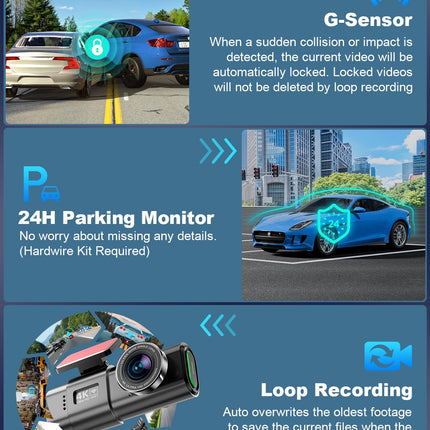 4K WiFi Dashcam Car Front, App Control Car Dashcam with 64G SD Card and Detachable Mount, 1.47" IPS Screen, 170° Super Wide Angle, Night Vision, WDR, G-Sensor, Loop Recording, 24H Parking Monitoring