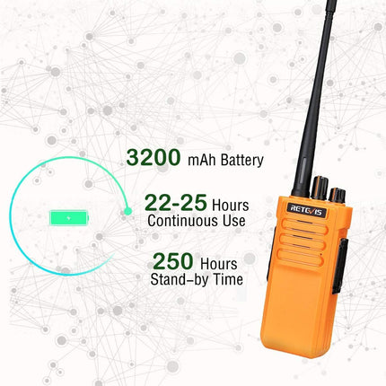 Retevis RT29 raadiosaatja pika levialaga, vastupidav kahesuunaline raadiosaatja, laetav 3200mAh, VOX-raadio veekindla mikrofoniga, äratus täiskasvanutele ja ehitusplatsidele (2 tk pakis, oranž)
