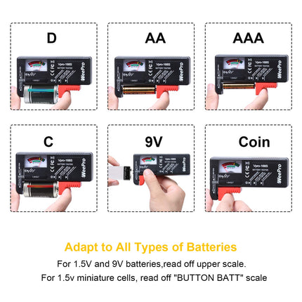 WeePro Battery Tester, Universal Battery Tester Small Battery Tester for AAA AA CD 9V 1.5V Button Cell - Battery Tester for Household Batteries