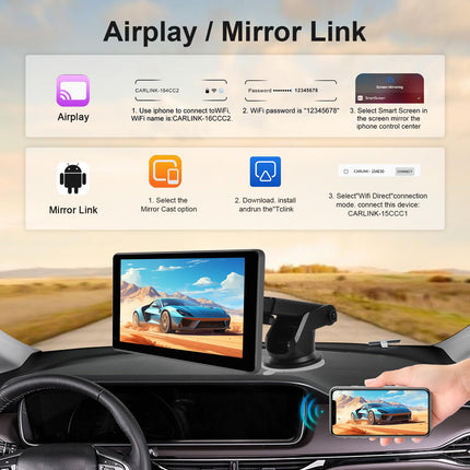Hodozzy autoraadio kaasaskantav puutetundliku ekraaniga juhtmevaba Carplay Android Auto topelt Bluetooth-ekraaniga autoraadio, 7-tolline ekraan, väline armatuurlaud, konsool, autostereo Carplay GPS Navi koos peegli lingiga, FM/AUX