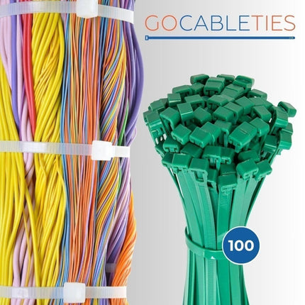 Gocableties Cable Ties Resealable Green, 250 mm x 7.6 mm, 100 Pieces, Premium Quality Releasable, Reusable Set