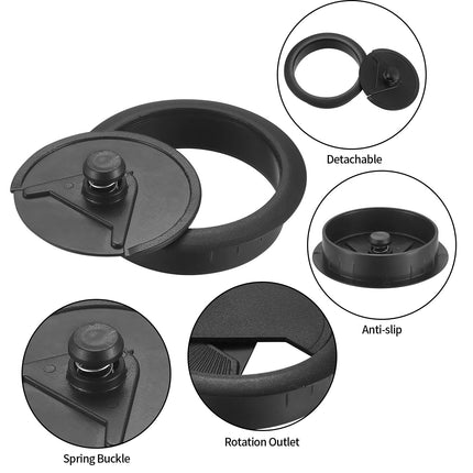 8-osaline kaablikanaliga laud, plastmassist, must, punase bimetallist, Ø60 mm augusaagiga, sobib lauakontorisse
