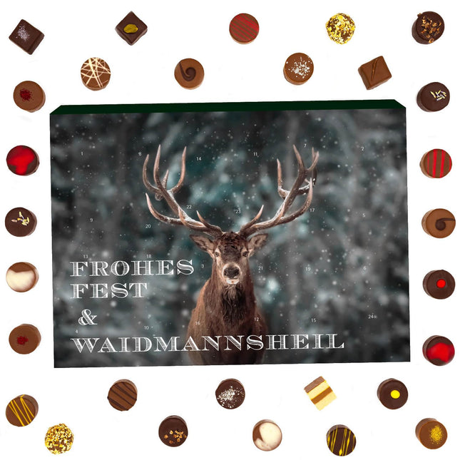 Hallingers Waidmannsheil - Advendikalender, käsitsi valmistatud alkoholivabad šokolaadid peenest kakaošokolaadist jahimeestele (karp) - Emadepäevakingitus ja kingiideed isadepäevaks | Palju õnne Hanuka puhul Fre
