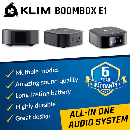KLIM Boombox E1 raadio CD-mängijaga - bassivõimendi ja subwooferiga - FM-raadio, MP3, Bluetooth, AUX, USB, CD-mängija - kaasaskantav CD-mängija juhtmevaba režiimi ja laetava akuga - puldiga