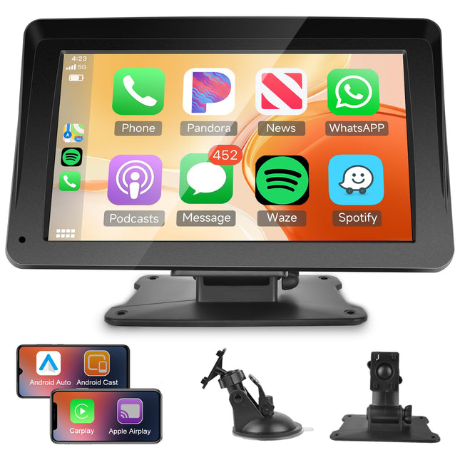 Rimoody Wireless Carplay Android Auto Portable Car Stereo with Airplay Android Cast, 7 Inch Touchscreen Car Radio with Dual Bluetooth/FM Transmitter/GPS/AUX/USB/TF for 7-32V Car
