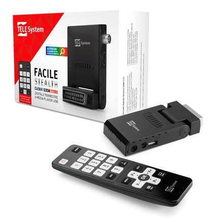 Tele System Mini Stealth digitaalne maapealne dekooder automaatse skaneerimise ja LCN-funktsiooniga, integreeritud USB-meediapleier, kaasas kaugjuhtimispult, plug &amp; play paigaldus SCART või HDMI kaudu