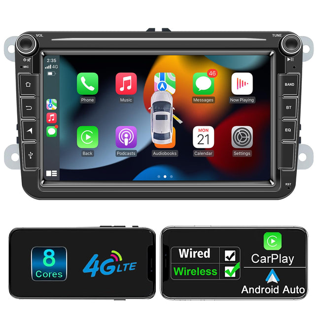 Android Car Radio with Navigation Screen for VW Golf 5 6 Seat Passat Sharan Tiguan, Wireless Android Auto 8 Core 4G+64G Golf Radio Carplay, 8 inch VW Polo T5 Caddy Radio Bluetooth RDS FM GPS WiFi
