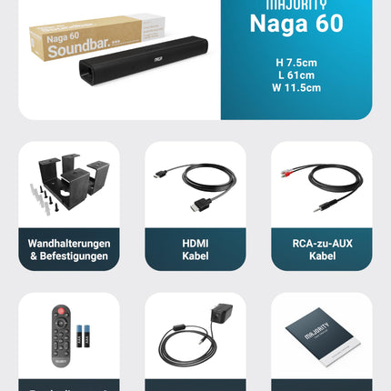 MAJORITY Naga 60 heliriba teleritele | Teleri heliriba integreeritud subwooferiga | Bluetooth-heliriba HDMI ARC-ga | 120 W kõlar teleritele | 2.1 helisüsteem ekvalaiseriga | Seinale kinnitatav heliriba