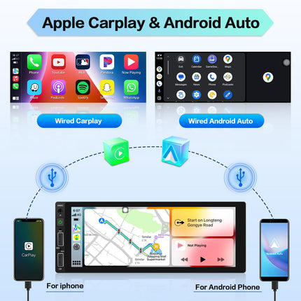 Hikity 6,9-tolline autoraadio 1 DIN Carplay ja Android Auto puutetundliku ekraaniga, Bluetooth Handsfree süsteemiga, tahavaatekaameraga, mikrofoniga, FM-2USB-ga