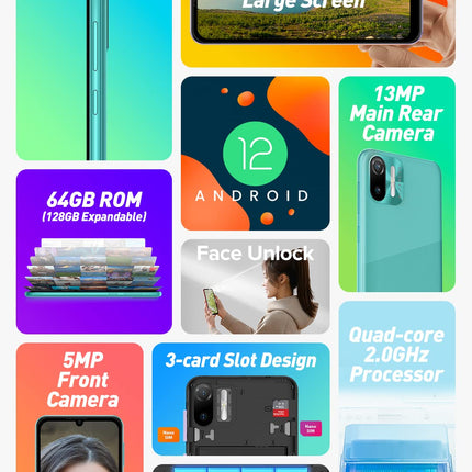 Ulefone Android 12 nutitelefon, Note 6T, 3 GB + 64 GB, 8,5 mm üliõhuke 4G kahe SIM-kaardiga mobiiltelefon, 6,1-tolline HD+ ekraan, 3 kaardipesaga disain, 13 MP + 5 MP kaamera, näotuvastus, GPS, lilla