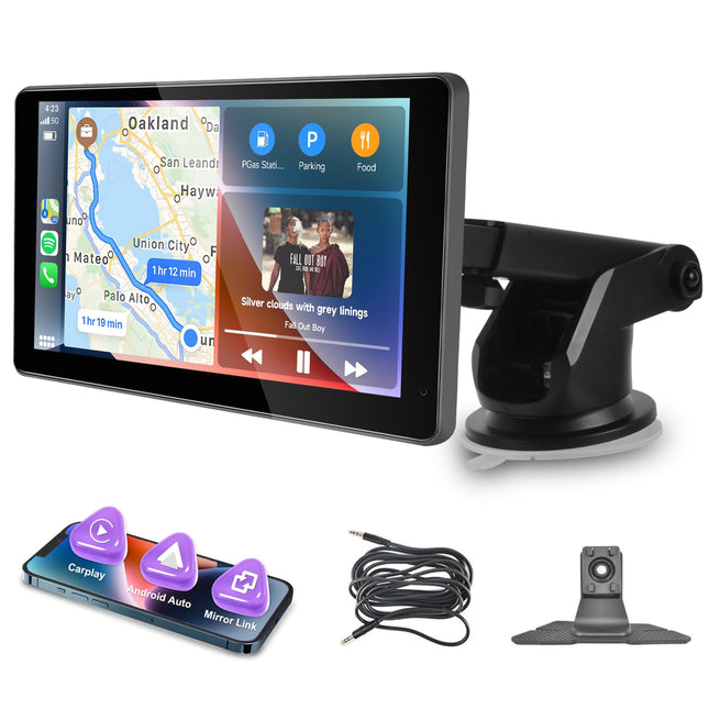 Hodozzy autoraadio kaasaskantav puutetundliku ekraaniga juhtmevaba Carplay Android Auto topelt Bluetooth-ekraaniga autoraadio, 7-tolline ekraan, väline armatuurlaud, konsool, autostereo Carplay GPS Navi koos peegli lingiga, FM/AUX