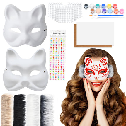 Alishomtll 10 pieces cat masks for painting, DIY blank paper mask, cat mask fox mask white half masks with plush faux fur felt fabric stickers for Halloween carnival masquerade party cosplay