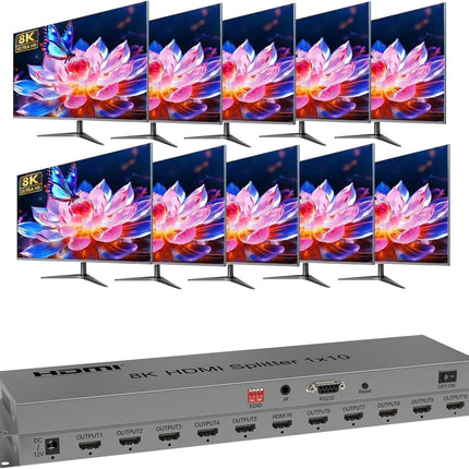 HDMI 2.1 jaotur 8K@60Hz HDMI jaotur 1 sisse ja 10 väljundisse Automaatne lüliti Mitme HDMI-pordi lüliti Toetab 4k@120hz 40Gbps Mitme HDMI-pordi adapterit telerimonitorile Toetab EDID HDR 3D CEC väljundit