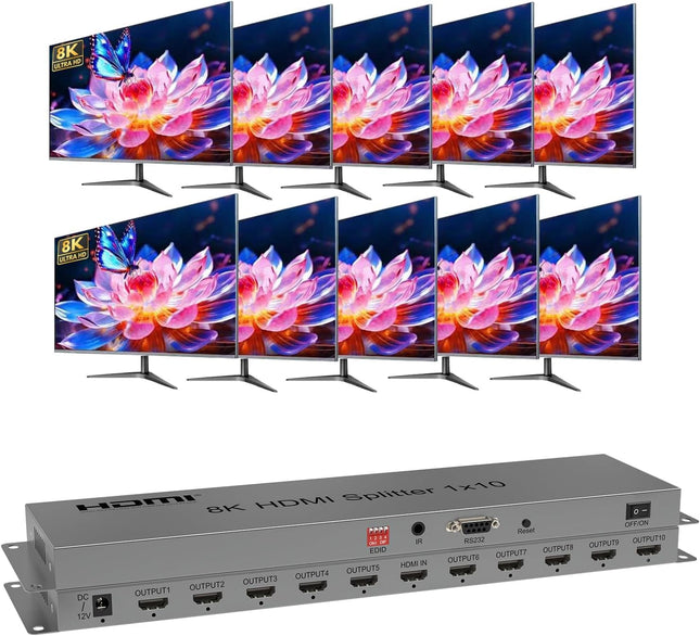 HDMI 2.1 Splitter 8K@60Hz HDMI Distributor 1 in 10 Out Auto Switch Multi HDMI Port Switch Support 4k@120hz 40Gbps Multiple HDMI Adapter for TV Monitor Support EDID HDR 3D CEC Output
