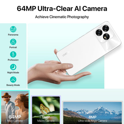 UMIDIGI A15 nutitelefon ilma lepinguta (2023), Android 13 NFC mobiiltelefon 16GB (8GB+8GB)+256GB (kuni 1TB), 64MP+16MP, 6,7" HD+ ekraan, 5000mAh+20W kiirlaadimine, 4G kahe SIM-kaardiga lukustamata mobiiltelefonid - valge