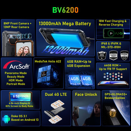 Lepinguvaba õuetelefon Blackview BV6200, 13000mAh aku, 8GB+64GB (1TB laiendusvõimalus), 6.56'' HD+, ArcSoft® 13MP+8MP, Android 13 DUAL SIM IP68 MIL-STD-810H veekindel nutitelefon, GPS must