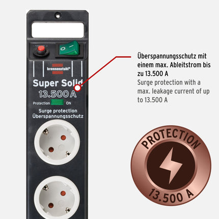 Brennenstuhl Premium-Line 6-suunaline pikendusjuhe ülepingekaitsega kuni 26 000 A ja Super-Solid 8-suunaline pikendusjuhe ülepingekaitsega