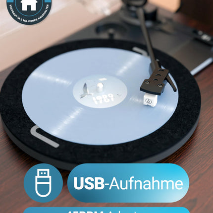 Record player with speakers | Record player with Bluetooth | Vinyl player with premium cassette | Record player with USB recording | Turntable with 45 RPM adapter and felt mat | Majority Moto Plus