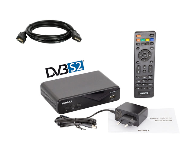 HUMAX HD Nano Digital HD satelliitvastuvõtja eelinstallitud kanalite loendiga, sh HDMI-kaabel ja kaugjuhtimispult, HDMI- ja SCART-ühendus, Dolby Digital väljund muljetavaldava muusikaelamuse pakkumiseks.