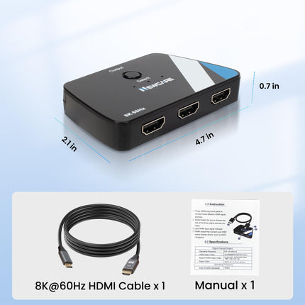 NEWCARE 4K@120Hz HDMI-lüliti koos 2,6 jala pikkuse HDMI 2.1 kaabliga, 8K@60Hz HDMI-lüliti 3 sisendit ja 1 väljundit, HDMI-jaotur 3 sisendit ja 1 väljundit, toetab HDR-i ruumilist heli 3D-vormingus NS PS4/PS5 Xbox Roku Fire Stickile